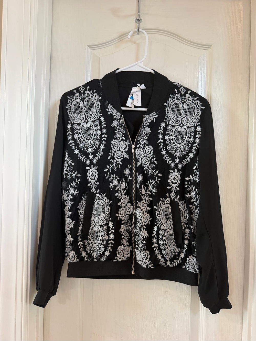 Society Black Bomber Jacket with White Embroidered Motifs